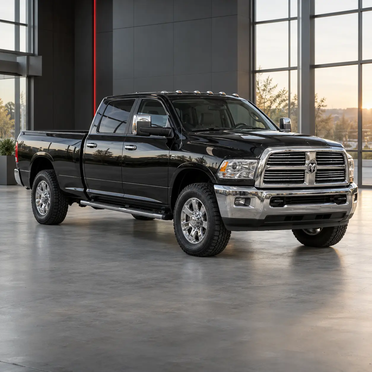Illustrative heavy-duty pickup in a modern showroom